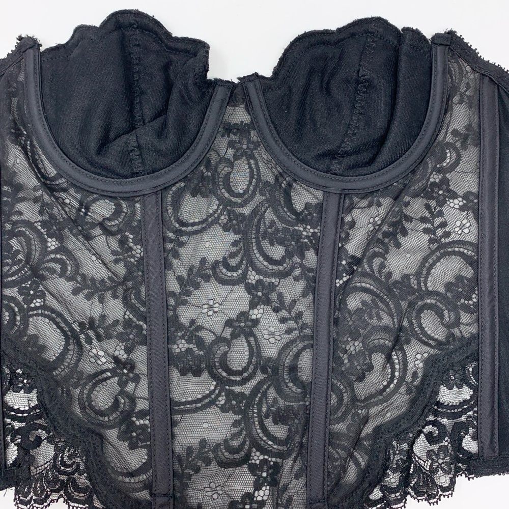 Christian Dior Vintage Lace Bustier Corset (Sz 34B) Center-Logo Floral Sheer Top - Picture 10 of 13